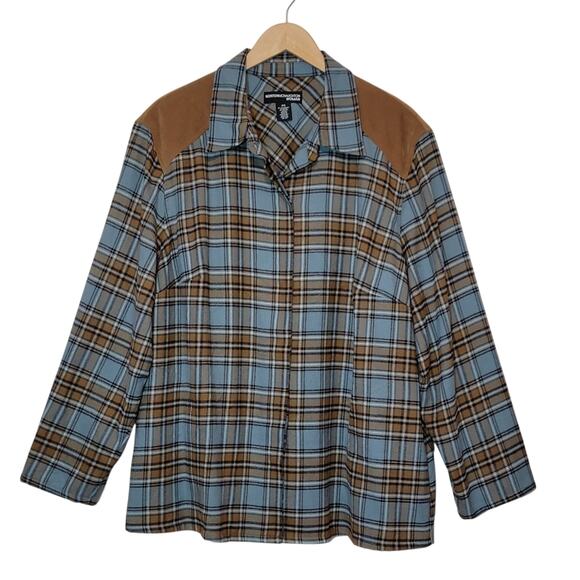 Norton McNaughton Plaid Shacket Shirt Blue Tan Faux Suede Shoulder 3X Cozy - Picture 13 of 13